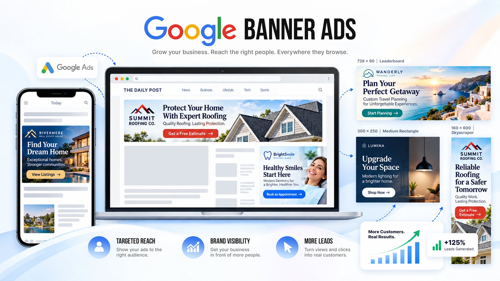 Google banner ads shown on a laptop, a phone, and in common ad sizes