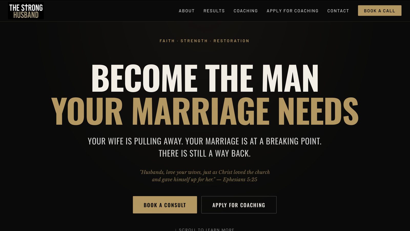 Homepage of thestronghusband.com, designed by My Elevated Marketing